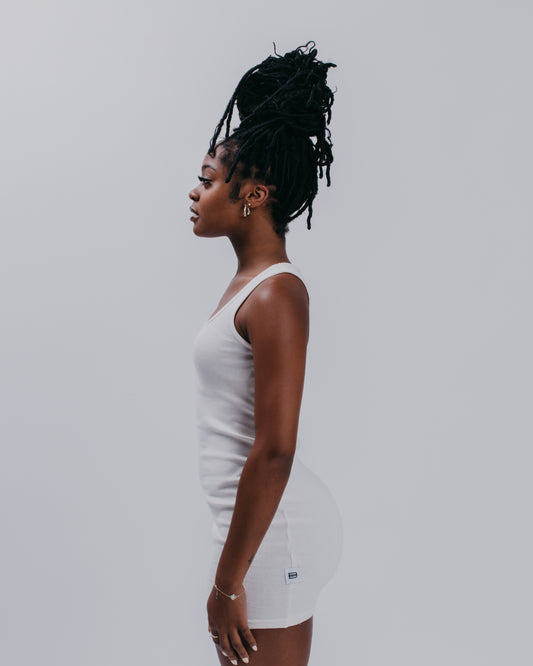 WOMENS HIGH NECK CONTOUR DRESS - BLANC DE BLANC