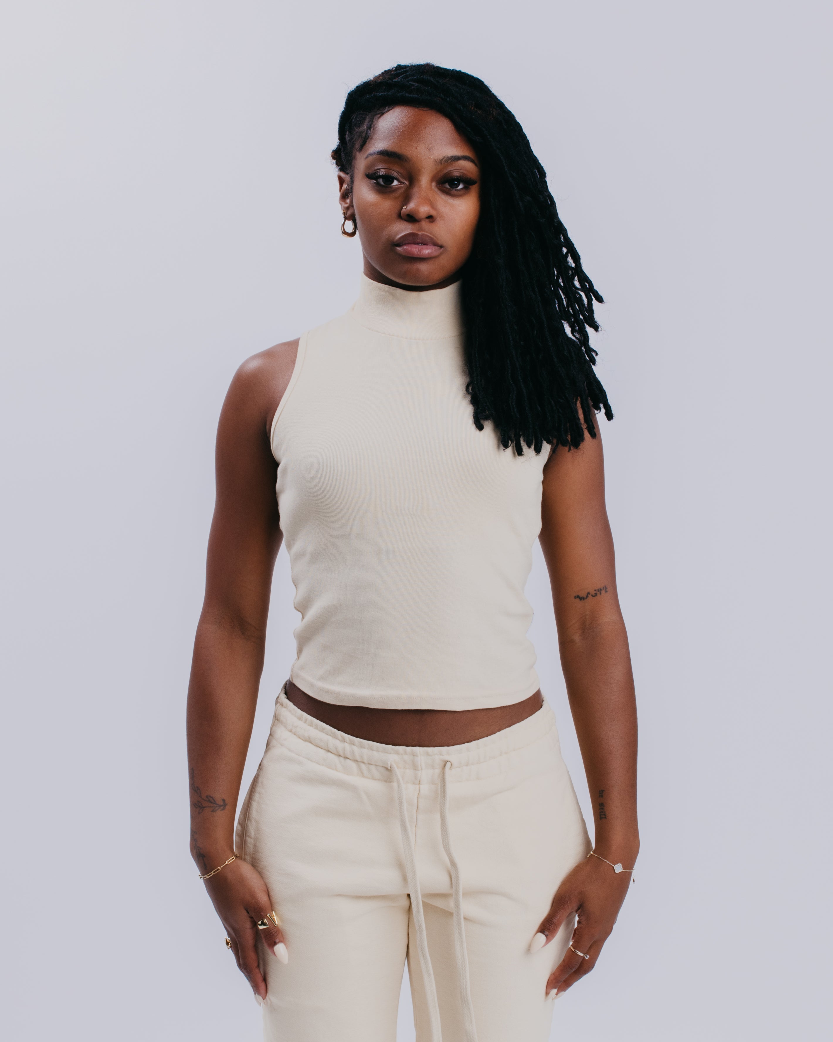 WOMENS MOCK NECK RIB TANK - ITALIAN STRAW – Bridgeforth Cotton