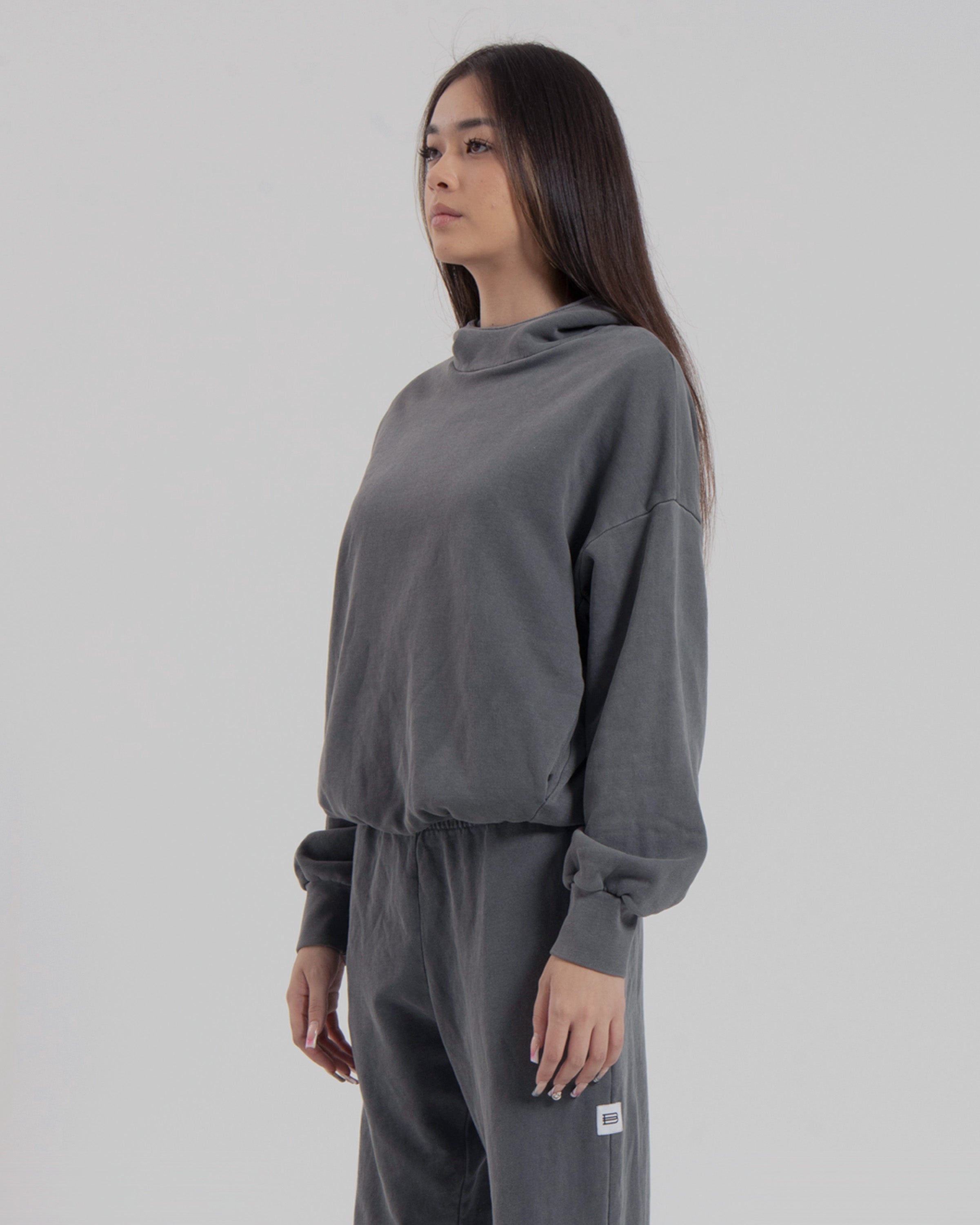 WOMENS MOCK NECK HOOD - STEEL GREY