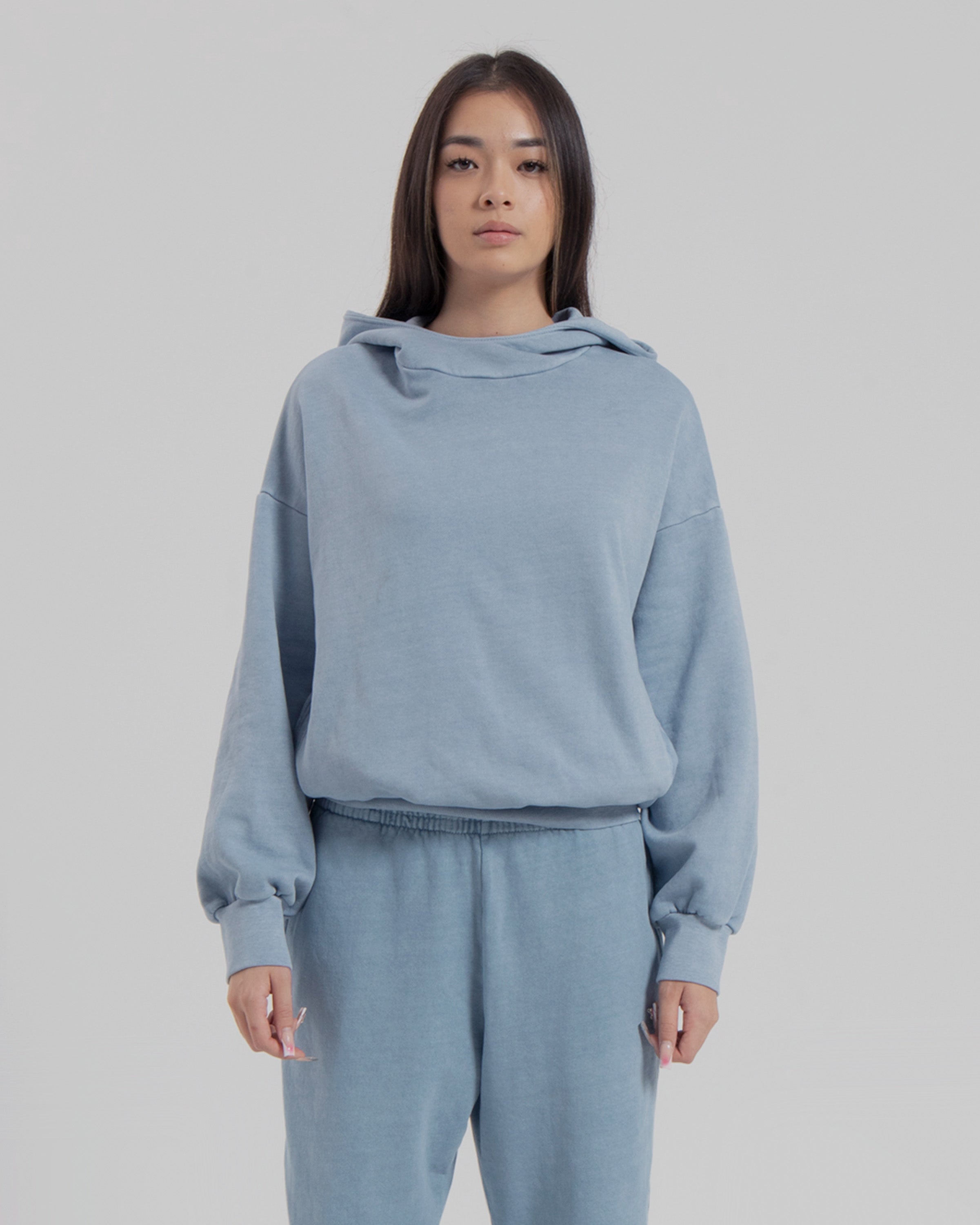 WOMENS MOCK NECK HOOD - STEEL BLUE